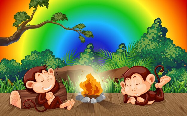 Dois macacos tirando uma soneca na floresta em um fundo gradiente de arco-íris