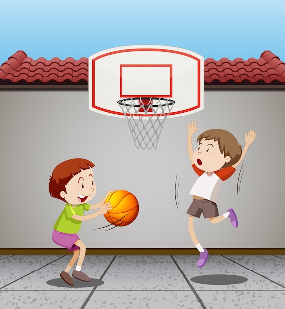 Dois, meninos, tocando, basquetebol, lar, Ilustração