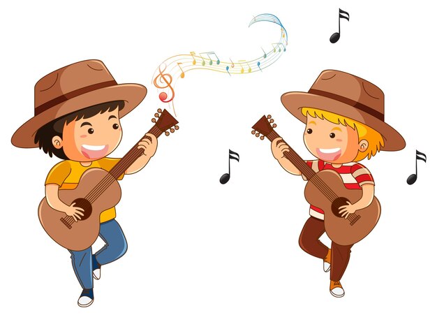 Dois meninos tocando guitarra em estilo cartoon