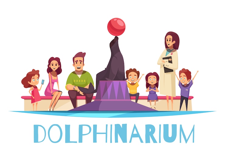 Vetor grátis dolphinarium com famílias e um selo