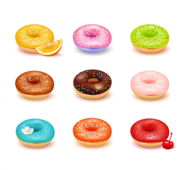 Vetor grátis donuts coloridos doces com várias coberturas e variedade de frutas frescas conjunto isolado na ilustração vetorial realista de fundo branco