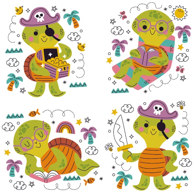 Vetor grátis doodle adesivos de tartaruga desenhados à mão