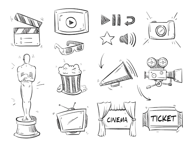Vetor grátis doodle cinematografia de entretenimento, vídeo de filme de filme, ícones do cinema.