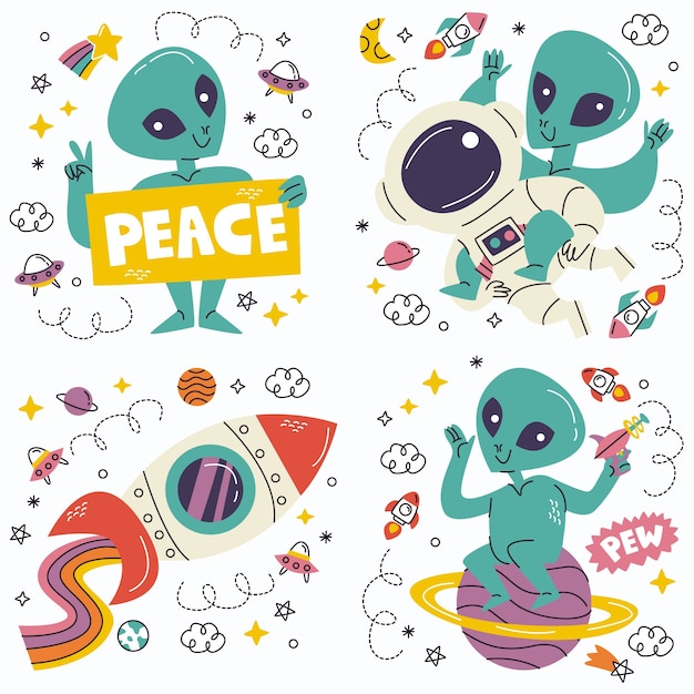 Vetores de Aliens E Ovnis Desenhados À Mão Espaçonaves Alienígenas De  Desenho Animado Bonito Doodles E Lettering Vector Ilustração Em Fundo De  Lousa e mais imagens de Alienígena - iStock