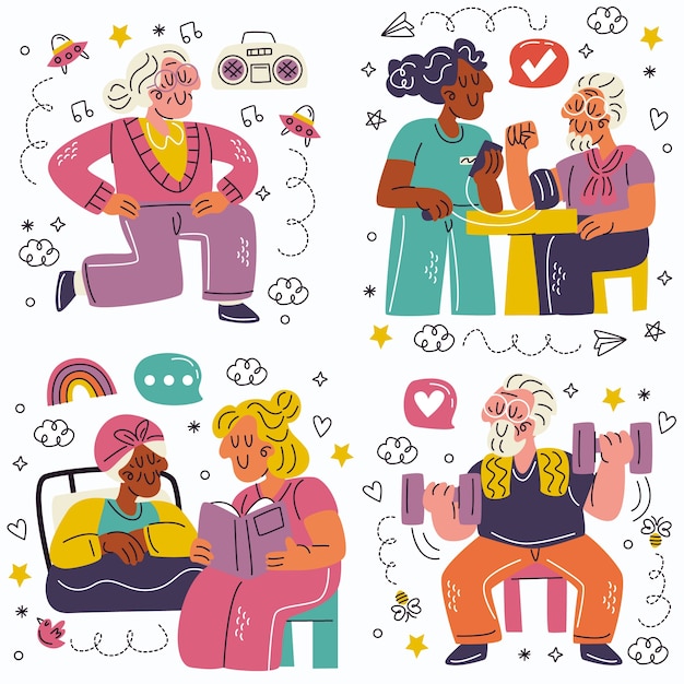 Doodle coleção de adesivos de casa de repouso desenhada à mão