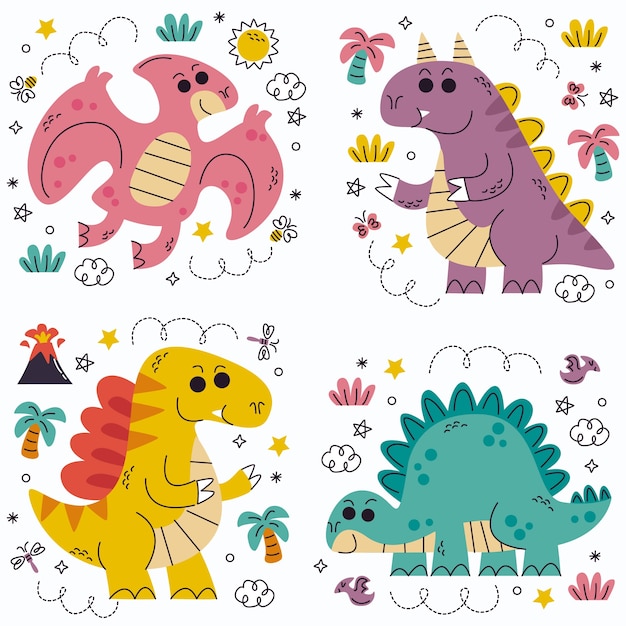 Vetor grátis doodle coleção de adesivos de dinossauros desenhados à mão