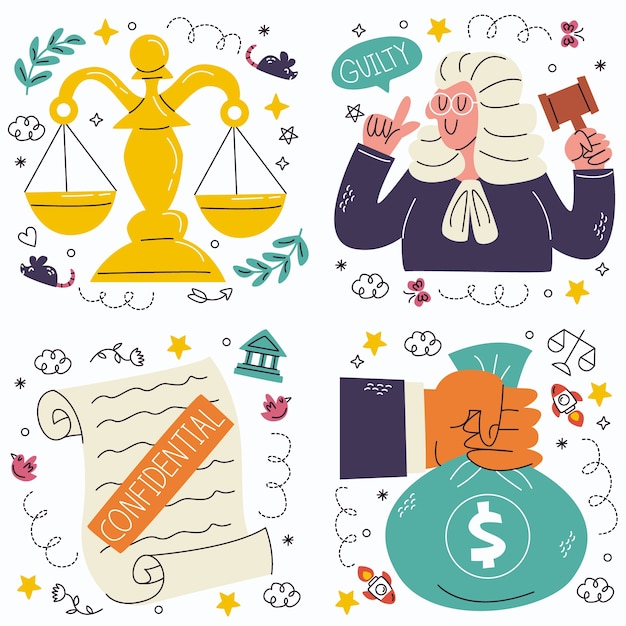 Vetor grátis doodle coleção de adesivos de justiça/escritório de advocacia