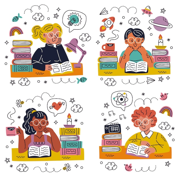 Doodle coleção de adesivos de livros desenhados à mão