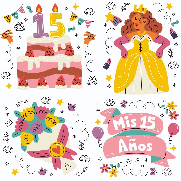 Vetor grátis doodle coleção de adesivos quinceanera