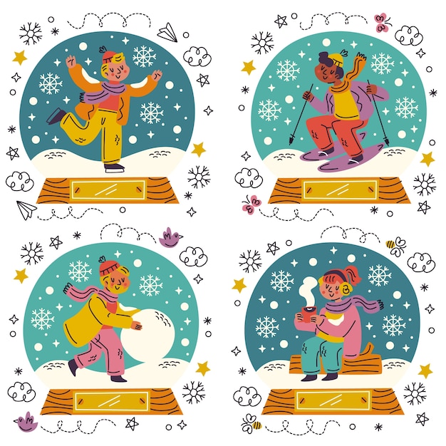 Doodle conjunto de adesivos de bola de neve desenhados à mão