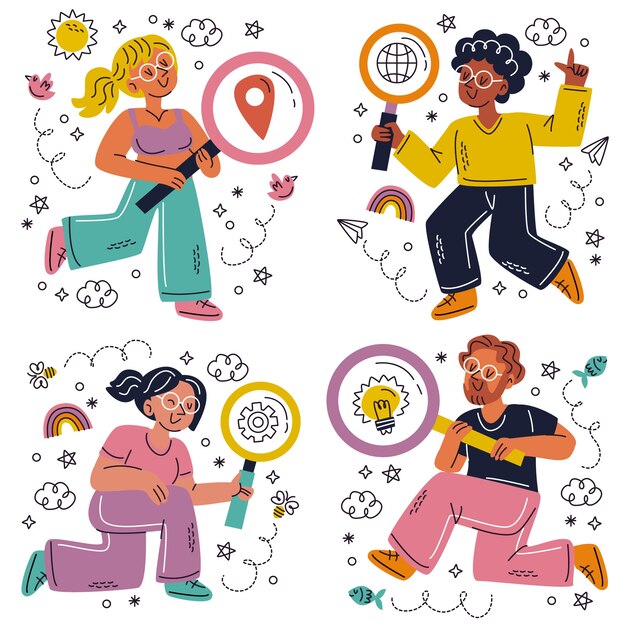 Doodle conjunto de adesivos de busca desenhados à mão