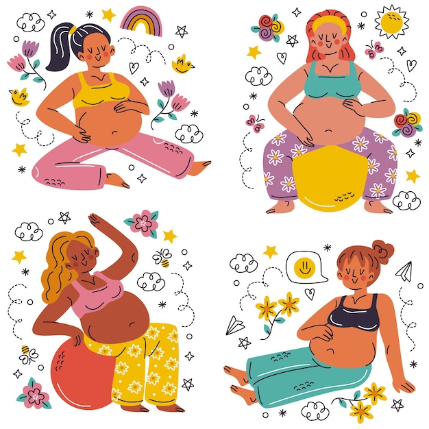 Vetor grátis doodle conjunto de adesivos de mulher grávida desenhados à mão
