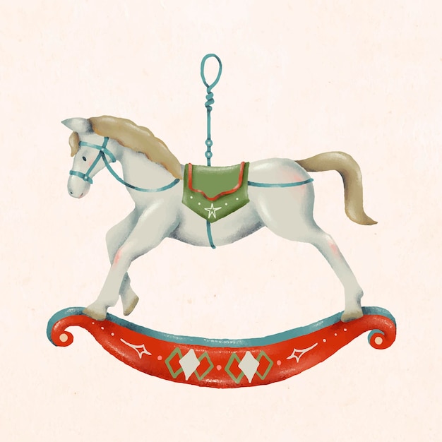 Doodle de natal, cavalo de balanço, vetor de ilustração fofa