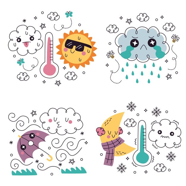 Doodle desenhado à mão conjunto de ilustrações de adesivos meteorológicos