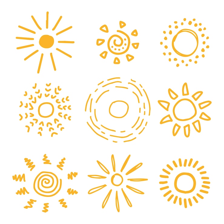 Vetor grátis doodle ilustrações de desenho de sol desenhadas à mão