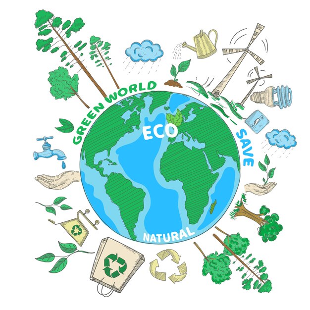 Doodle mundo verde ecologia colorida conceito
