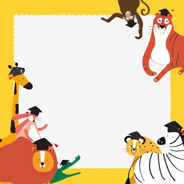 Doodle safari frame em amarelo com animais fofos para crianças