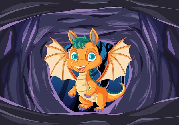 Vetor grátis dragão bebê fofo na caverna escura