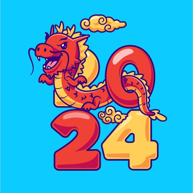 Vetor grátis dragão bonito ano novo 2024 ícone vetorial de desenho animado ilustração ícone de férias de animais vector plano isolado
