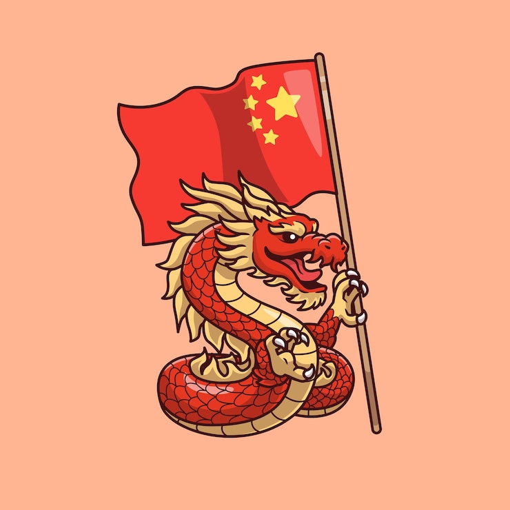 Vetor grátis dragão segurando a bandeira da china ícone de desenho animado vetorial ilustração ícone de educação animal isolado plano