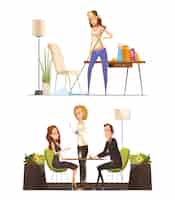 Vetor grátis duas composições de desenhos animados retrô com jovem ocupado limpando seu apartamento e sentado no café com ilustração vetorial de homem