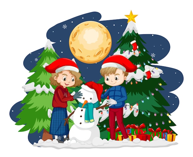 Duas crianças criando um boneco de neve com tema de natal à noite