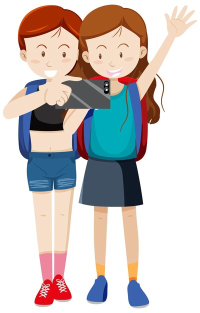 Duas garotas viajantes tomando selfie em fundo branco
