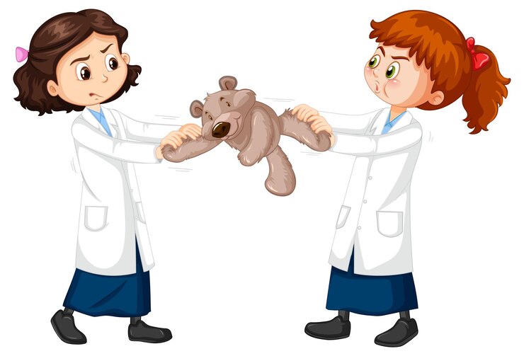Vetor grátis duas meninas cientistas brigando por um ursinho de pelúcia