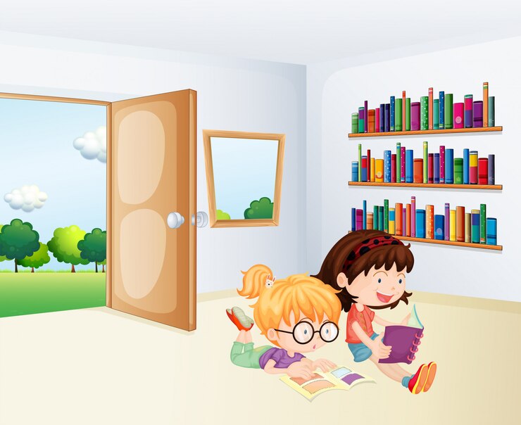 Vetor grátis duas meninas lendo dentro de uma sala
