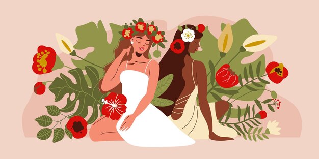 Duas mulheres bonitas em vestidos de verão com flores em cabelos longos sentados cercados por plantas florescentes ilustração vetorial horizontal plana