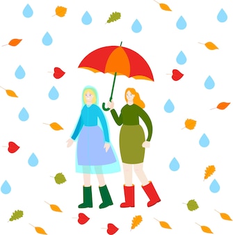 Duas mulheres estão caminhando na chuva uma amiga com uma capa de chuva outra com um guarda-chuva outono
