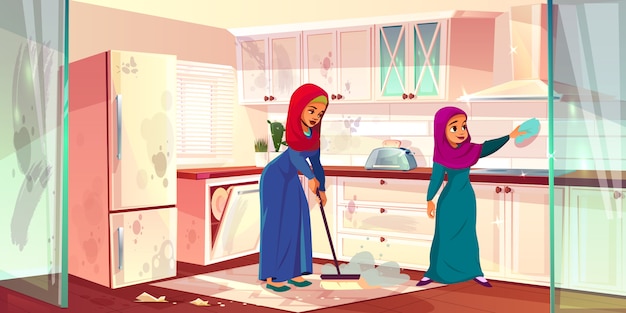 Duas senhoras árabes cozinha limpa Vetor grátis