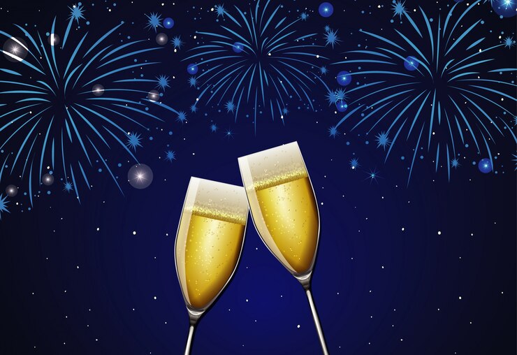 Vetor grátis duas taças de champanhe e fogos de artifício