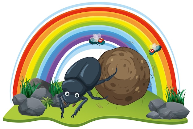 Dung beetle e as moscas em estilo cartoon