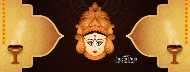 Durga puja e happy navratri deusa adoração festival banner de saudação cultural