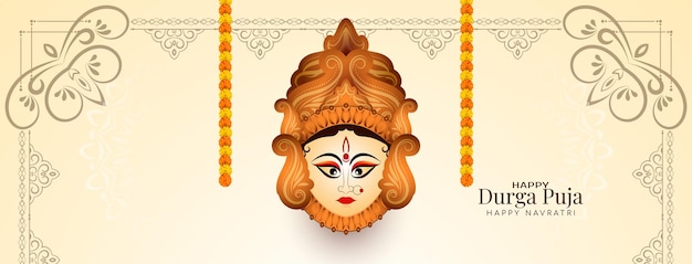 Durga puja e happy navratri deusa adoração festival banner de saudação cultural