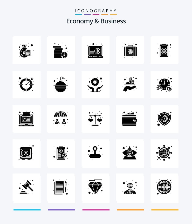Vetor grátis economia criativa e negócios 25 pacote de ícones glyph solid black, como o navegador de portfólio de desenvolvimento do plano mundial