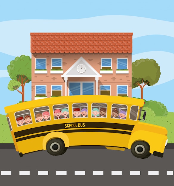 Edifício da escola e ônibus com crianças na cena da estrada