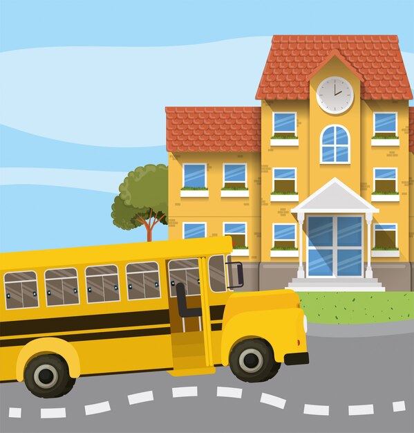 Edifício da escola e ônibus na cena da estrada