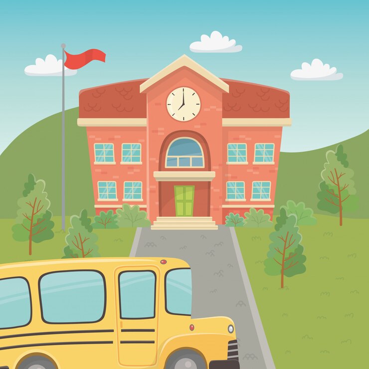 Vetor grátis edifício da escola e ônibus na cena