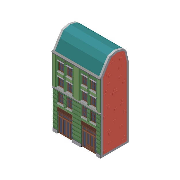 Edifício de tijolos suburbano de três andares com fachada verde em ilustração vetorial isométrica de fundo branco