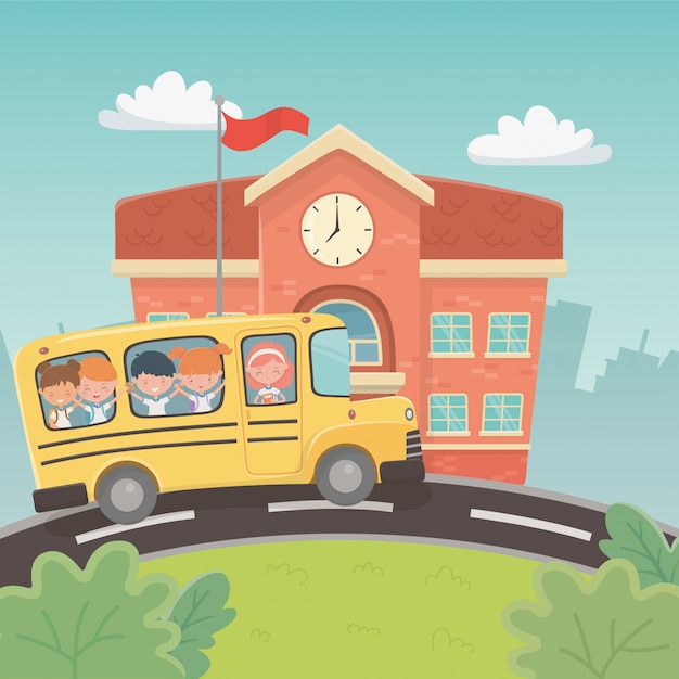 Edifício escolar e ônibus com crianças na cena
