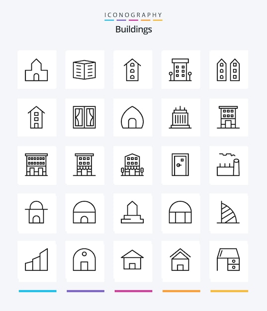 Edifícios criativos 25 pacote de ícones outline, como lojas de edifícios de blocos de escritório em casa