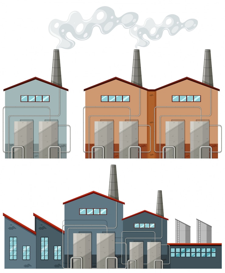 Vetor grátis edifícios de fábrica com ilustração de chaminés