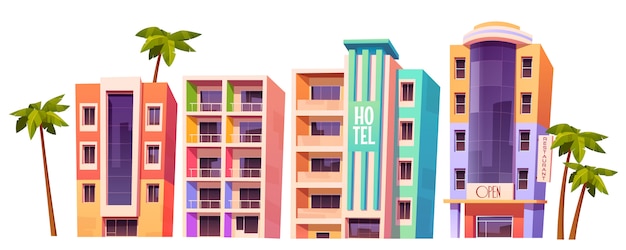 Edifícios, hotéis modernos em Miami no horário de verão