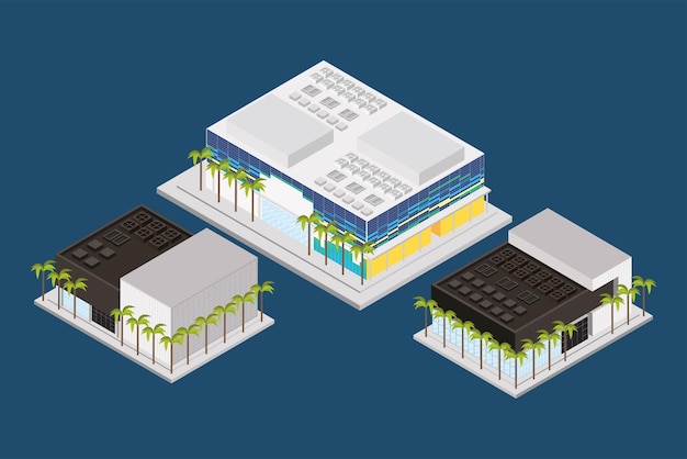 Vetor grátis edifícios isométricos três ícones