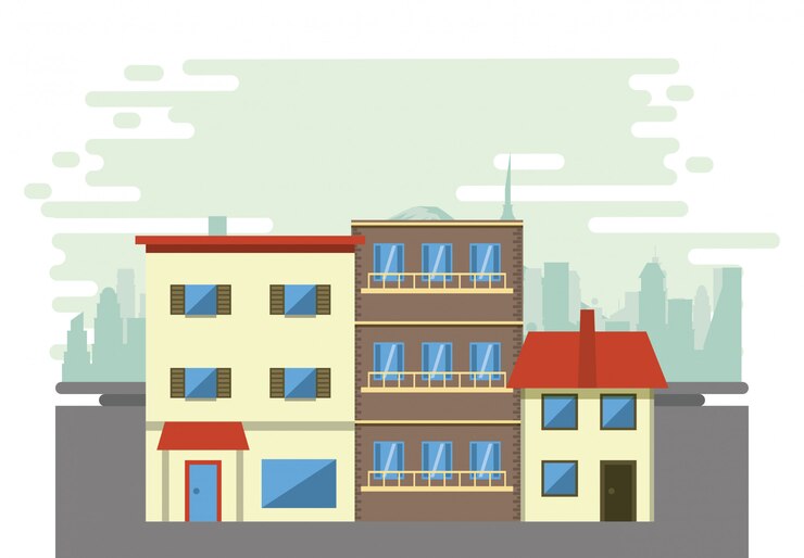 Vetor grátis edifícios urbanos com paisagens urbanas