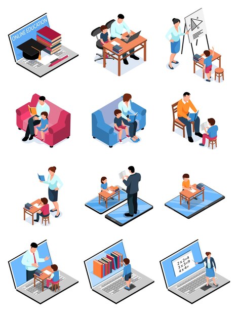 Educação em casa familiar isométrica com imagens isoladas de peças de móveis de gadgets de computadores e ilustração vetorial de personagens humanos