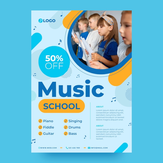 Vetor grátis educação musical plana e modelo de pôster vertical escolar