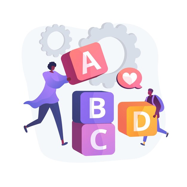 Educação primária. Desenvolvimento de jogos, estudo divertido, ensino fundamental. Aluno e educador brincando com blocos abc.